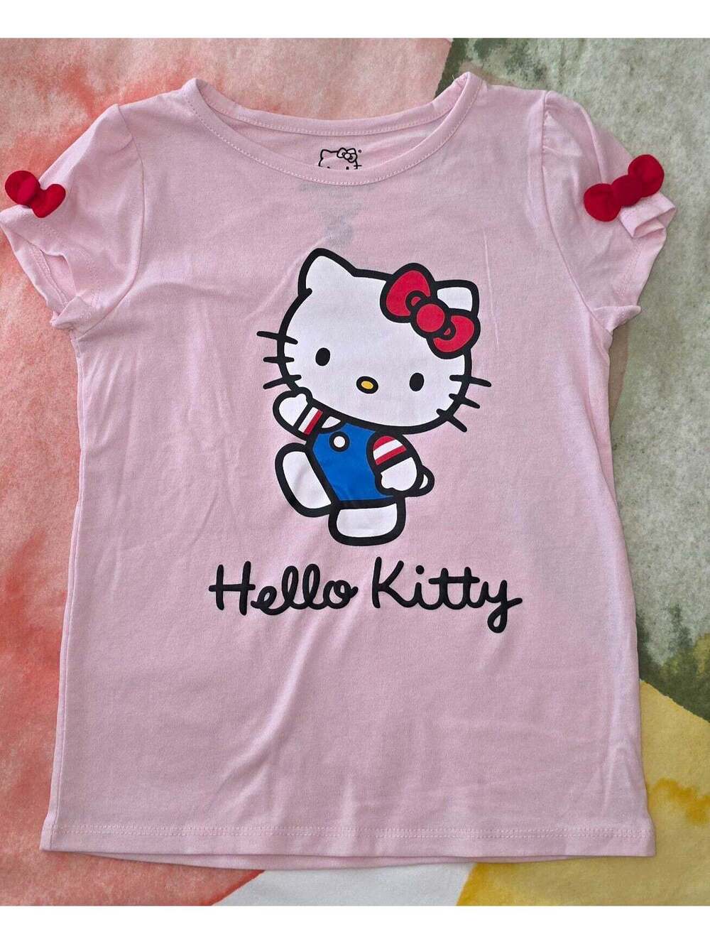 Sanrio Hello Kitty Girls Size 7 Pink Graphic Bow Accent Crewneck Tee Shirt